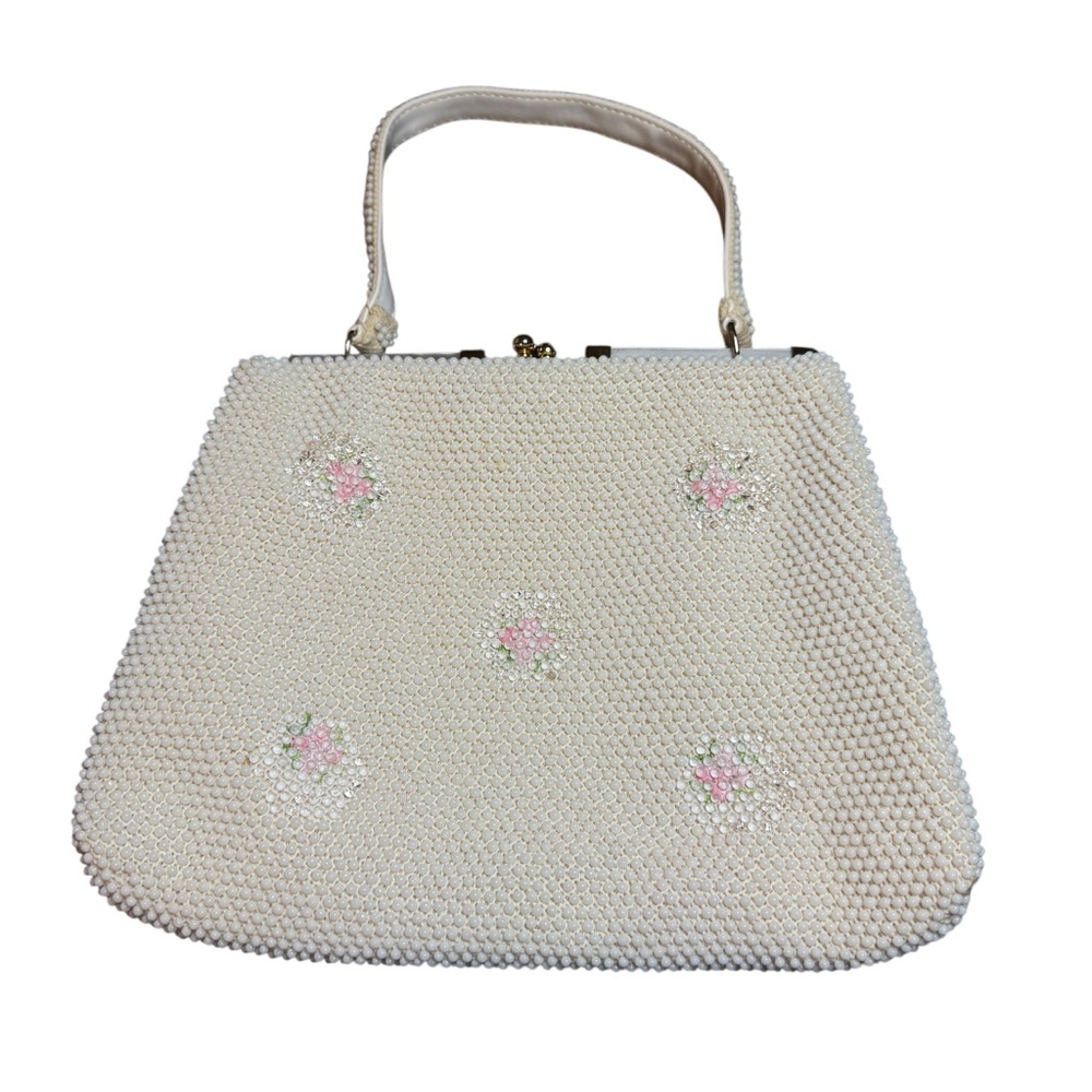 Vintage Beaded Handbag Cream Pink Floral Kiss Lock Frame Purse Made in Hong Kong